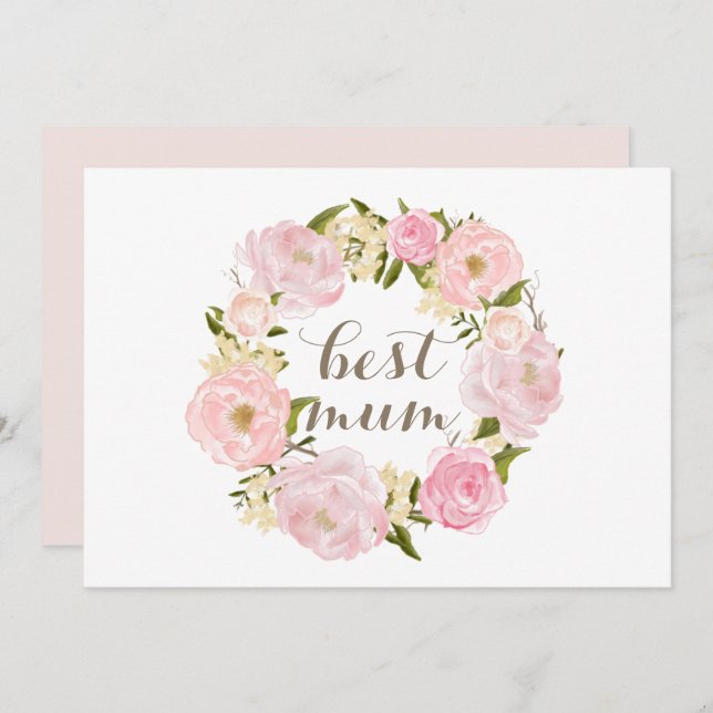 Cartes Pour Fêtes Annuelles Peony rose Wreath meilleure maman Joyeuse fête des (Devant / Derrière)