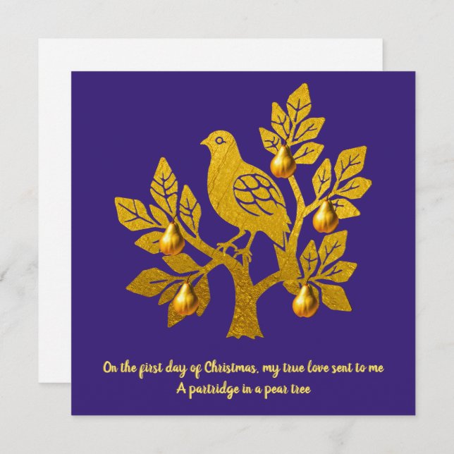 Cartes Pour Fêtes Annuelles Perdrix dans un arbre à poires violet or Noël (Devant / Derrière)