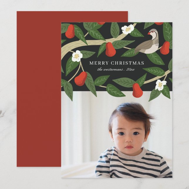 Cartes Pour Fêtes Annuelles Perdrix jolie dans un poirier | Photo Noël (Devant / Derrière)