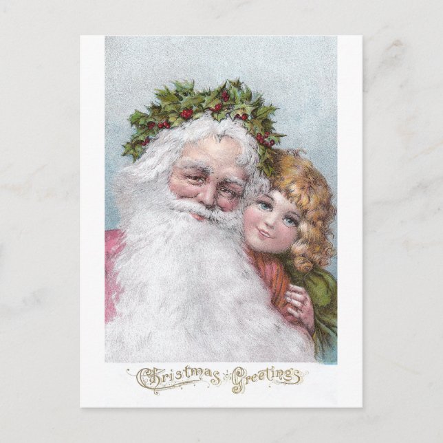 Cartes Pour Fêtes Annuelles Père Noël 1907 avec la couronne et la fille de (Devant)