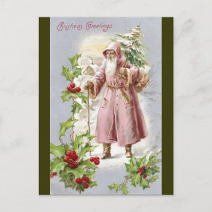Cartes Pour Fêtes Annuelles Père Noël 1916 en manteau rose avec arbre