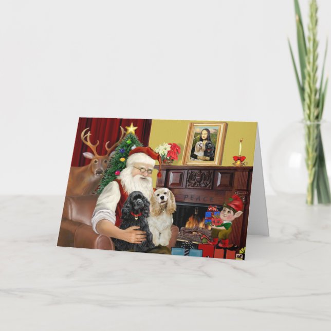 Cartes Pour Fêtes Annuelles Père Noël 2 Espagnols de Cocker (Devant)