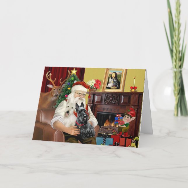 Cartes Pour Fêtes Annuelles Père Noël 2 Terriers écossais (Devant)