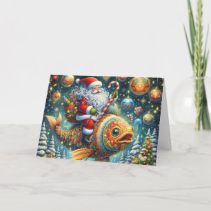 Cartes Pour Fêtes Annuelles Père Noël à cheval sur un poisson de Noël