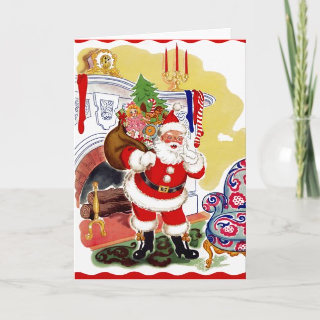 Cartes Pour Fêtes Annuelles Père Noël à la cheminée apportant des jouets (Devant)