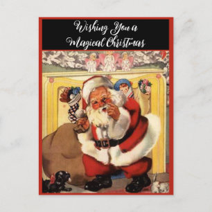 Cartes Pour Fêtes Annuelles Père Noël à la cheminée avec Chiots Vintage Retro