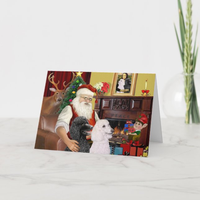 Cartes Pour Fêtes Annuelles Père Noël à la maison - Poodles (2 standard) (Devant)