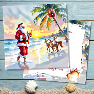 Cartes Pour Fêtes Annuelles Père Noël à l'aquarelle & Renne sur la Plage de No
