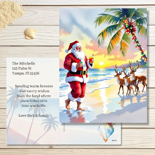 Cartes Pour Fêtes Annuelles Père Noël à l'aquarelle & Renne sur la plage de No