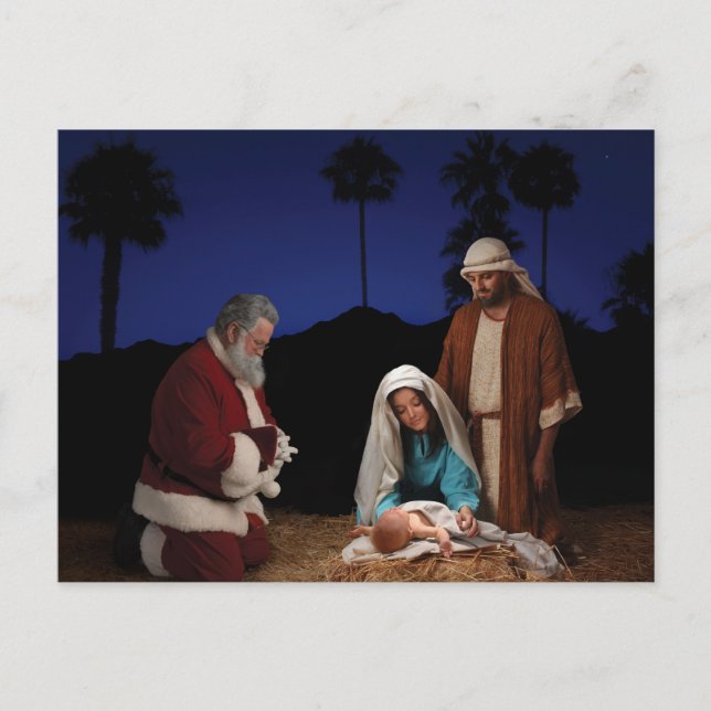 Cartes Pour Fêtes Annuelles Père Noël agenouillé à la Nativité (Devant)