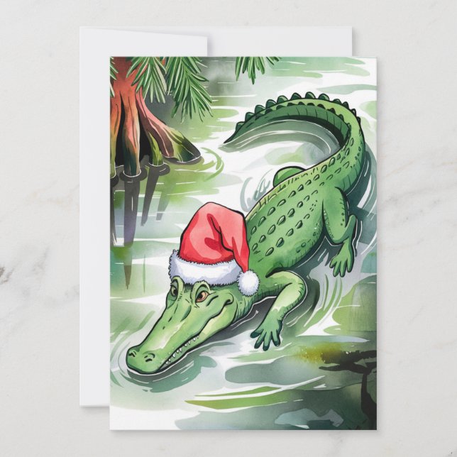 Cartes Pour Fêtes Annuelles Père Noël Alligator Natation dans le Bayou (Devant)