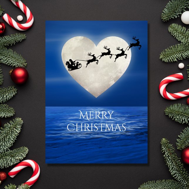 Cartes Pour Fêtes Annuelles Père Noël and Heart Pleine lune Beach Noël (Créateur téléchargé)