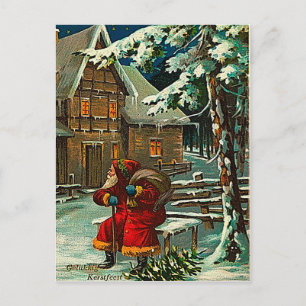 Cartes Pour Fêtes Annuelles Père Noël attend devant une maison