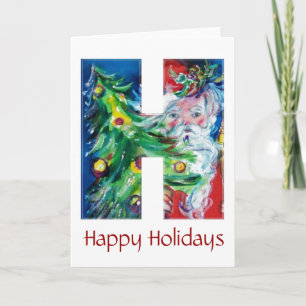 CARTES POUR FÊTES ANNUELLES PÈRE NOËL AVEC BALLONS ET ARBRE DE NOËL MONOGRAMME
