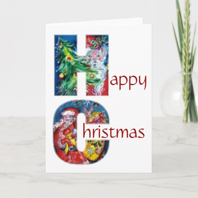 CARTES POUR FÊTES ANNUELLES PÈRE NOËL AVEC CADEAUX ET MONOGRAMME D'ARBRE DE NO (Devant)