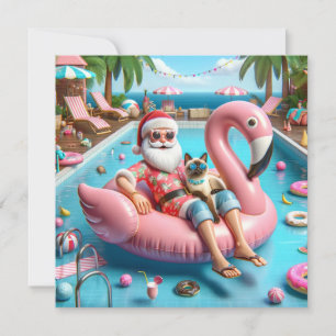 Cartes Pour Fêtes Annuelles Père Noël avec chat flottant dans la piscine Noël