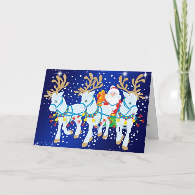 Cartes Pour Fêtes Annuelles Père Noël avec chevaux et Noël de l'aube (Devant)