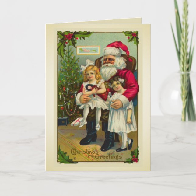 Cartes Pour Fêtes Annuelles Père Noël avec deux filles (Devant)