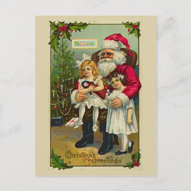 Cartes Pour Fêtes Annuelles Père Noël avec deux filles (Devant)