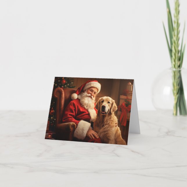 Cartes Pour Fêtes Annuelles Père Noël avec Golden Retriever (Devant)