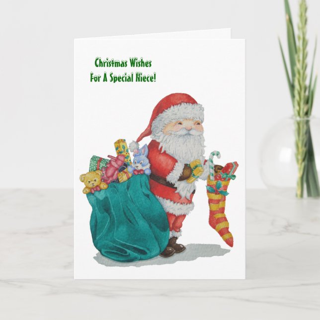 Cartes Pour Fêtes Annuelles père Noël avec sac et jouets et cadeaux pour Noël (Devant)