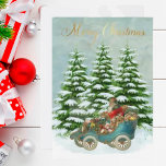 Cartes Pour Fêtes Annuelles Père Noël Cadeaux dans sa voiture Snow Trees Vinta<br><div class="desc">Merveilleux Père Noël dans sa voiture naviguant à travers la neige avec tous les beaux cadeaux attendant d'être distribué. Des arbres avec de la neige ont préparé le terrain pour la toile de fond et un joyeux message de Noël en or. Personnalisez-vous à l'arrière dans un cadre de vacances charmant....</div>