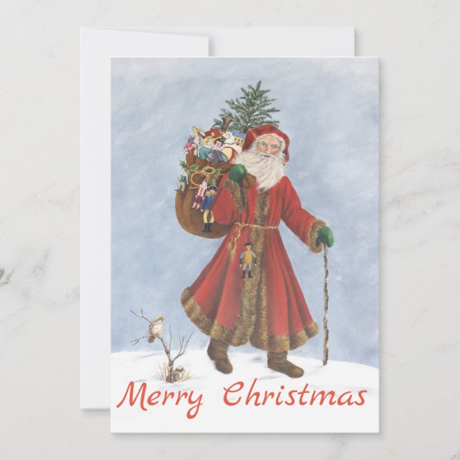 Cartes Pour Fêtes Annuelles Père Noël, canne et cadeaux soufflant la neige (Devant)