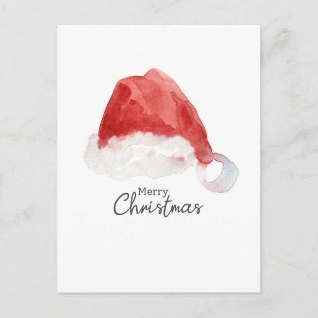 Cartes Pour Fêtes Annuelles Père Noël Casquette Joyeux Noël Aquarelle rouge (Devant)