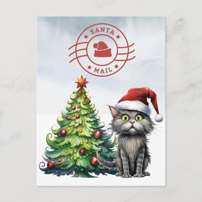 Cartes Pour Fêtes Annuelles Père Noël Cat Mail avec arbre de Noël (Devant)