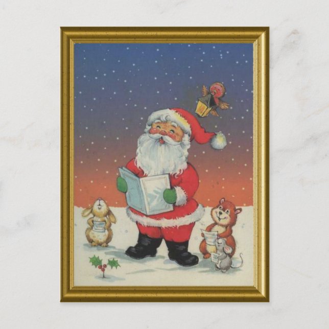 Cartes Pour Fêtes Annuelles Père Noël, chantant des chansons avec les animaux (Devant)