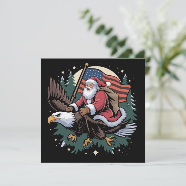 Cartes Pour Fêtes Annuelles Père Noël chevauchant un aigle drapeau américain N (Debout devant)