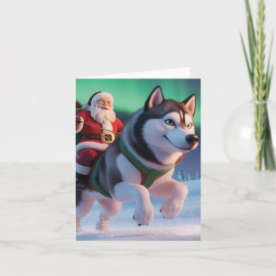 Cartes Pour Fêtes Annuelles Père Noël chevauchant un husky géant à travers la