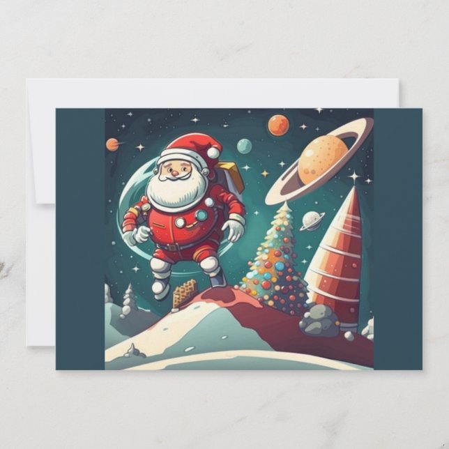Cartes Pour Fêtes Annuelles Père Noël dans l'espace rétro amusant (Devant)