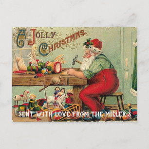 Cartes Pour Fêtes Annuelles Père Noël dans son atelier fabriquant des jouets C