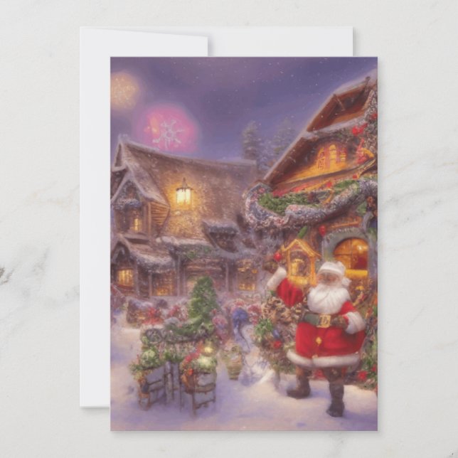 Cartes Pour Fêtes Annuelles Père Noël Dans Un Paysage D'Imaginaire De Village  (Devant)
