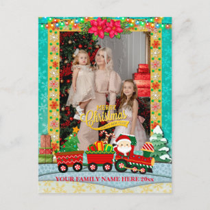 Cartes Pour Fêtes Annuelles Père Noël dans un train avec des cadeaux et un sap