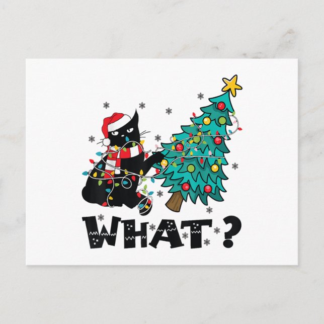 Cartes Pour Fêtes Annuelles PÈRE NOËL DE CHAT NOIR DRÔLE Poussant un arbre de  (Devant)