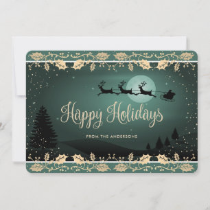 Cartes Pour Fêtes Annuelles Père Noël de la neige de houx d'or vert