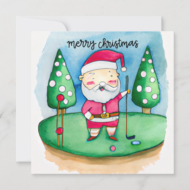 Cartes Pour Fêtes Annuelles Père Noël de Noël de golf joue au golf sur vert  (Devant)