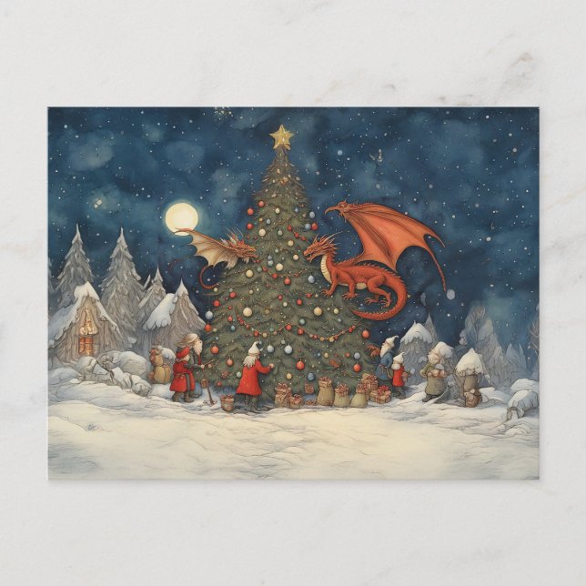 Cartes Pour Fêtes Annuelles Père Noël de Noël enchantée et les dragons (Devant)