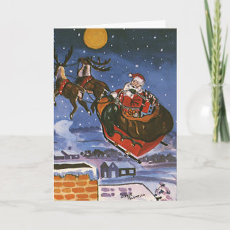 Cartes Pour Fêtes Annuelles Père Noël de Noël vintage volant son traîneau