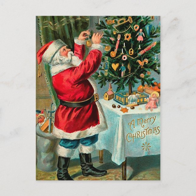 Cartes Pour Fêtes Annuelles Père Noël décorant l'arbre de Noël (Devant)