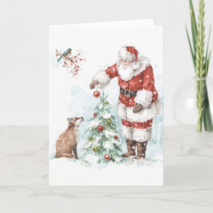 Cartes Pour Fêtes Annuelles Père Noël Décorant un Arbre avec ses Amis de la Fo