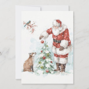 Cartes Pour Fêtes Annuelles Père Noël Décorant un Arbre avec ses Amis de la Fo