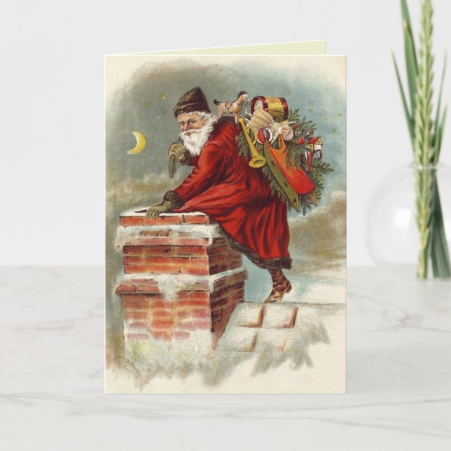 Cartes Pour Fêtes Annuelles Père Noël descendant la cheminée (Devant)