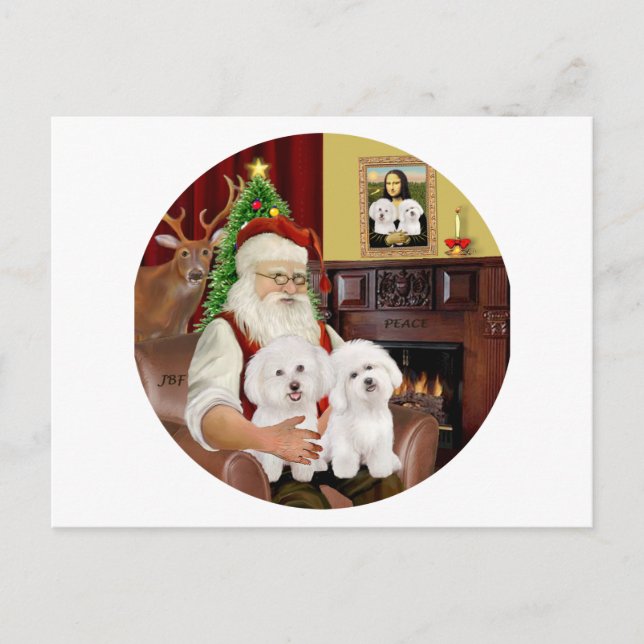 Cartes Pour Fêtes Annuelles Père Noël Deux Bichon Frise (Devant)