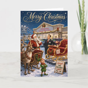 Cartes Pour Fêtes Annuelles Père Noël drôle achetant un nouveau traîneau de No