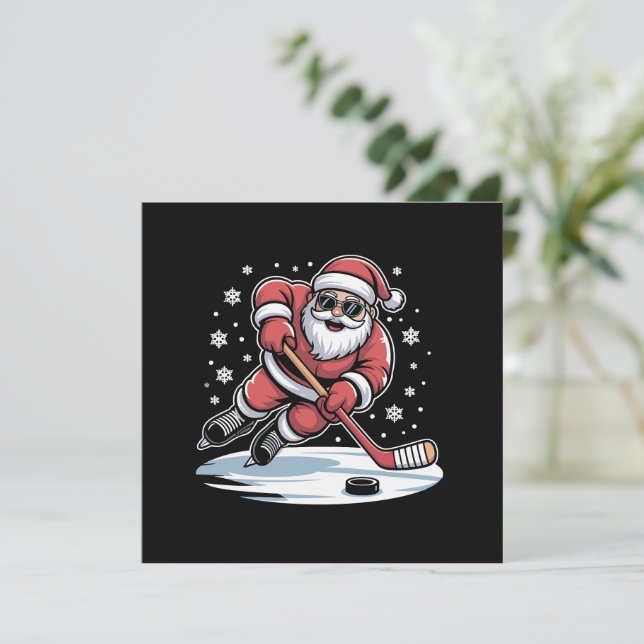 Cartes Pour Fêtes Annuelles Père Noël drôle de Noël jouant au hockey sur glace (Debout devant)