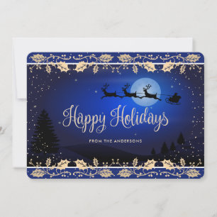 Cartes Pour Fêtes Annuelles Père Noël du houx neige dorée bleue