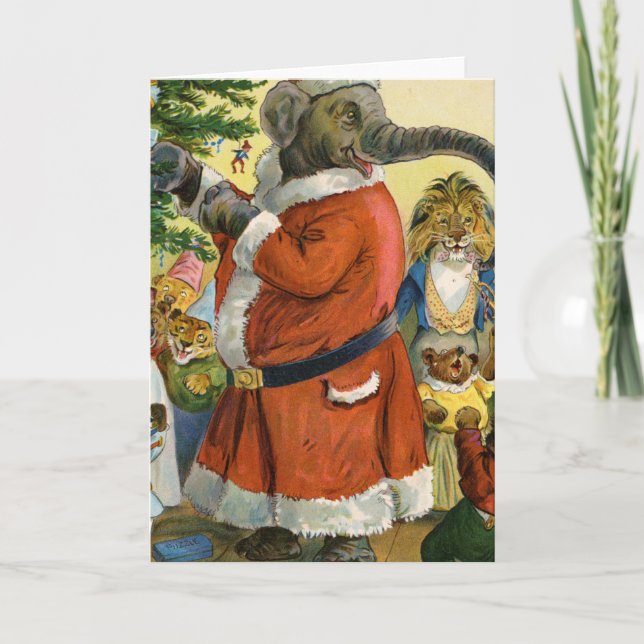 Cartes Pour Fêtes Annuelles Père Noël Elephant célèbre un Noël animal (Devant)